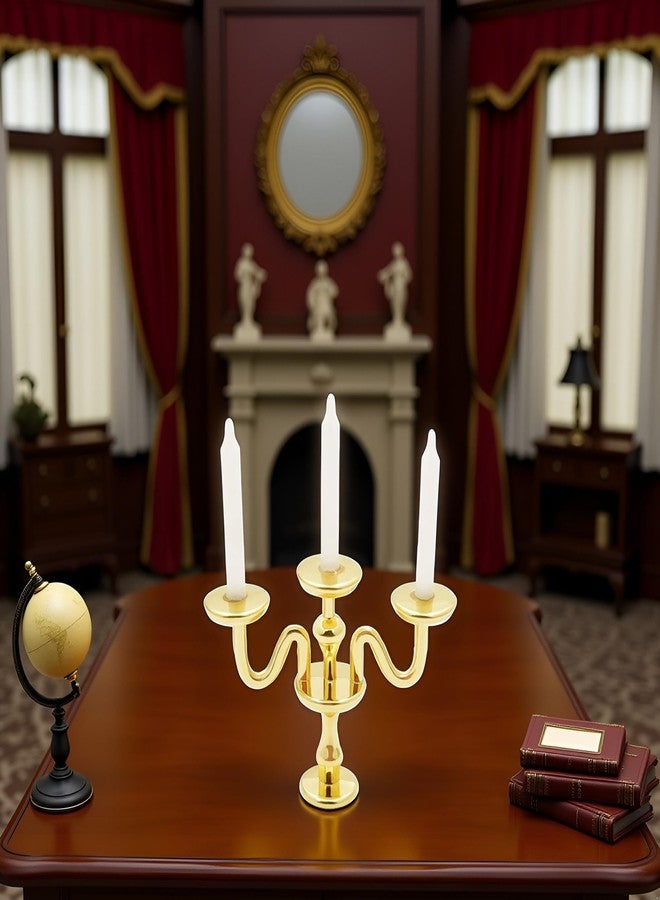 Jizlan Gold 1/12 Miniature Candlestick Candelabra with Candles Dollhouse Accessories, 3-arms - Image 4